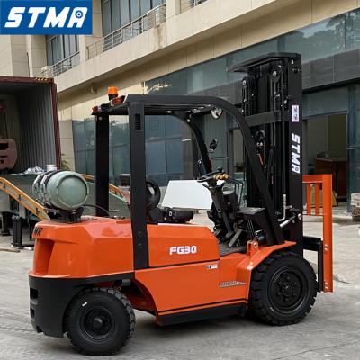 China High efficiency STMA forklift fg30 3ton gasoline forklift 3 stage mast 5500mm and side clutch for sale