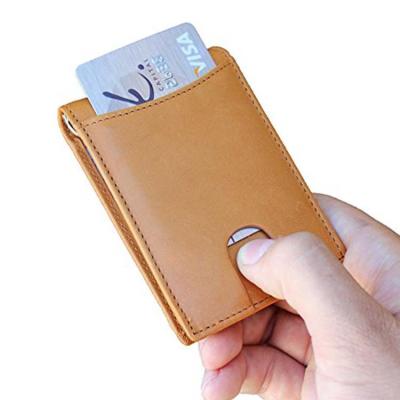 China RFID Blocking RFID Blocking Minimalist Slim Genuine Leather Bifold Front Pocket Wallets For Men Silver Clip Grain Vintage Leather Full for sale