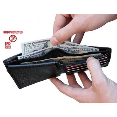 China RFID Blocking Universal Leather Bifold Custom Logo ID Debit Credit Card Holder Mens Top Grain Genuine RFID Blocking Wallet for sale