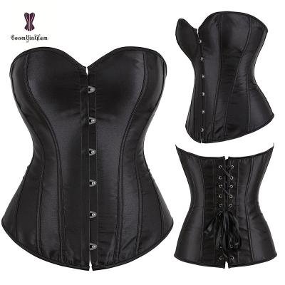 China Front Busk Solid Black Plastic Boned Waist Slimming Cincher Women Shaper Women's Satin Gorset Body Shapwear for sale