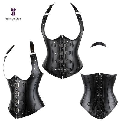 China Black Sexy Faux Leather Gothic Steel Gothic Steel Bone Corset Halter Rivet Rivet Shapewear Leather Corset for sale