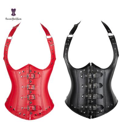 China Sexy Viable Lingerie Sexy Women Warrior Halter Gothic Faux Leather 12 Underbust Steel Boned Corset for sale