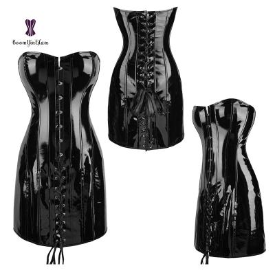 China New Viable Outfit Strapless Club Wear Sexy Overbust Corset Evening Lace Up Faux Leather Long Dresses Dress Wholesale for sale