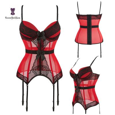 China Antibacterial Red Antibacterial Corset Lace Underwear Lift Up Gather Bra Women Lingerie Backless Sexy Sheer Corset for sale