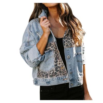 China 2021 Viable Women Jean Jacket Ripped Denim Casual Blue Jeans Biker Ladies Patchwork Leopard Print Autumn Women Clothing for sale