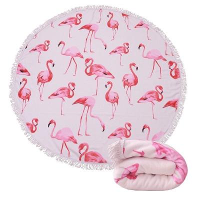 China Huge Compressed Absorbent Quick Dry Sand Flamingo Free Printed Round Beach Towel With Tassel for sale