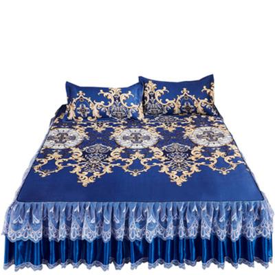 China New Viable Ice Silk Bed Skirt Three Pieces Lace Mat Sheet And Pillowcases Set S0378 for sale