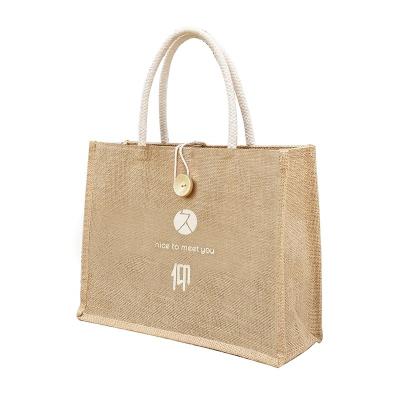 China Original Recyclable Jute Tote Bag Large Capacity Lady's Buttoned A4 Size Hand Carry Bag for sale