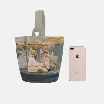 China New Oil Painting Pattern Recyclable Personalized Custom Logo Lady Portable Cotton Bucket Bag Canvas Bag for sale