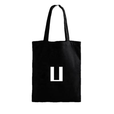 China Customizable Logo All Cotton Zippered Tote Shoulder Bag Recyclable Black Canvas Single Lettering Style Bag for sale