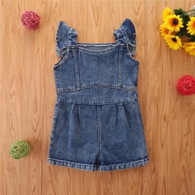 China Polyester/Cotton 2022 New Summer Lovely Kids Baby Clothes Denim Overalls Pants Ruffles Fly Sleeve Button Romper Playsuits Solid Overalls for sale