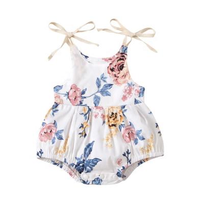 China Baby Short Sleeve Baby Clothing 2Pcs Summer Outfits Floral Printed Tied Elastic Strap Romper Toddler Girls + Bowknot Headband for sale