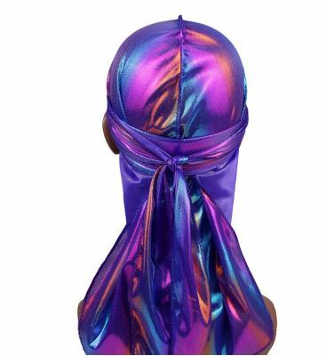 China Fanni Iridescent Durag Laser Unisex Sparkle Du rag Long Tail Doo Breathable Holographic Cloth For Wholesale for sale