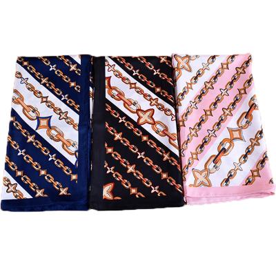 China Skin Friendly Women Satin Twill Digital Printing Silk Hair Scarf 70*70cm Square Headscarfs With Chain Pattern for sale