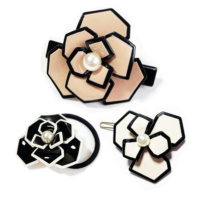 China High Elastic Camellia Hair Clip Ponytail Hair Ties Set 6cm 8cm Flower Eco-friendly/Recyclable Classic Barrette Clips for sale