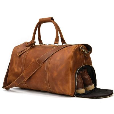 China Durable Men Leather Duffel Bag Big Crazy Horse Brown Leather Travel Bag With Shoe Compartment for sale