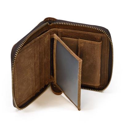 China Handmade Genuine Leather Vintage Men Zipper Wallet Card Holder Wallet With Coin Pocket Vintage Short Wallet for sale