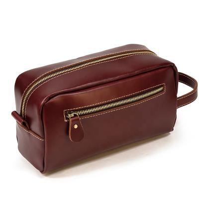 China Genuine Leather Wine Red Women Men Cosmetic Bag Storage Durable Luxury Wash Bag For Outdoor for sale