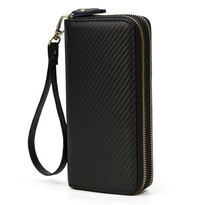 China Men's Long Carbon Fiber Leather Wallet Mobile Phone Wallet Card Holder Waterproof Double Zipper Black Wallet for sale