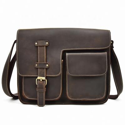 China Vintage Dark Brown A4 Vintage Crazy Horse Leather Messenger Bag Men's Shoulder Cow Bag Big Cow Leather Cross Flap - Body Bag for sale