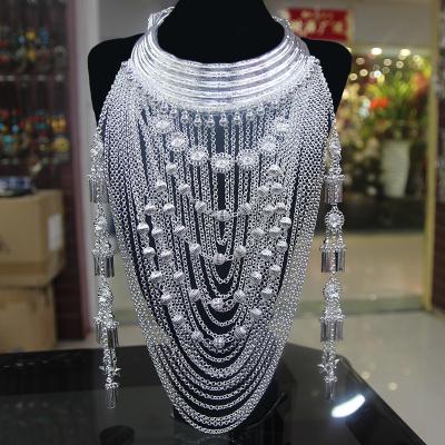 China Sets Chinese Miao Ethnic Style Silvered Silver Tassel Necklace Miao Necklace Stage Show Wear for sale