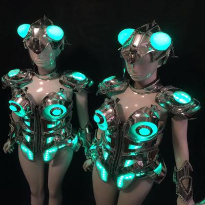 China Female Singer LED Light Stage Dance Colorful Bra Stage Dance Mirror Dress Armor Performance Costumes Silver Sets Warrior Show Wear for sale