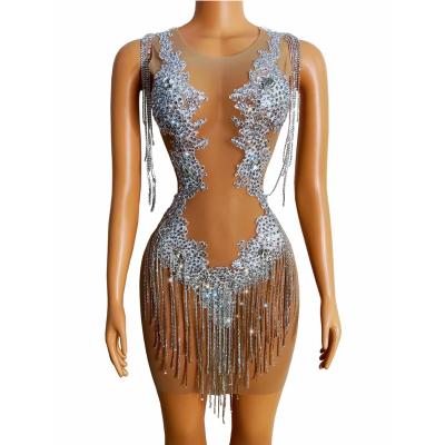 China Place singer Rhinestones Fringes Dress shining Crystal Evening Birthday Party Dress prom nightclub dance show costumes for sale