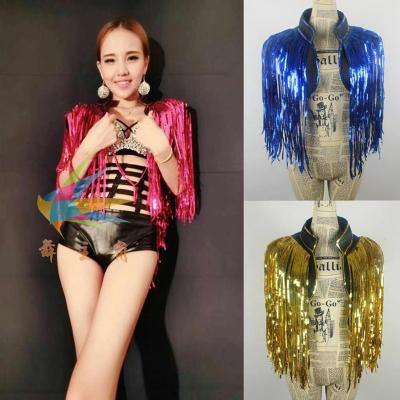 China DS Sets Gold Cloak Tassel Jacket Coat Vest Costume Dance Christmas Singer Stage Equipment Sequin Vest Over Performance Bar Party for sale