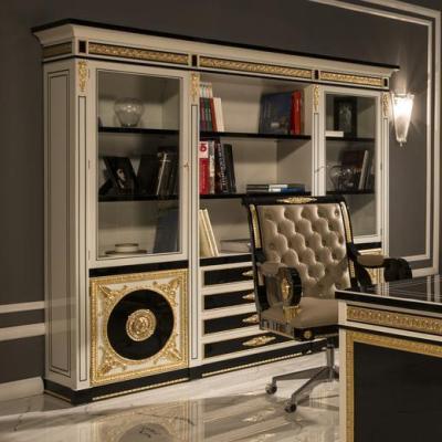 China European style office furniture luxury solid wood frame mood solid wood glass and gold leaf hand craving bookcase for sale