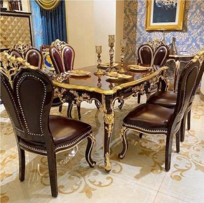 China Adjustable Antique Luxury Classic Dining Room Furniture Wood Structure (Other) Hand Carving Gold Leaf Dining Table Set for sale