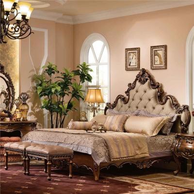 China Italian Antique Storage Living Room Furniture Hand Carving Fabric Upholstered Wooden Structure King Size Bed for sale