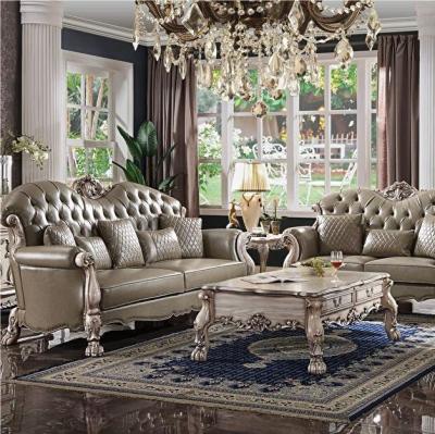 China Other Italian Classic Style Living Room Furniture Wood Structure Leather Upholstered Hand Carving Sofa Set for sale