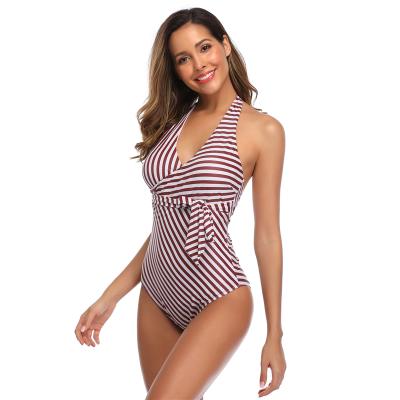 China 2021 Breathable Red and White Adult Women's V-Neck Swimsuit Fashion Printing Ladies One-Piece Set Hot Selling for sale