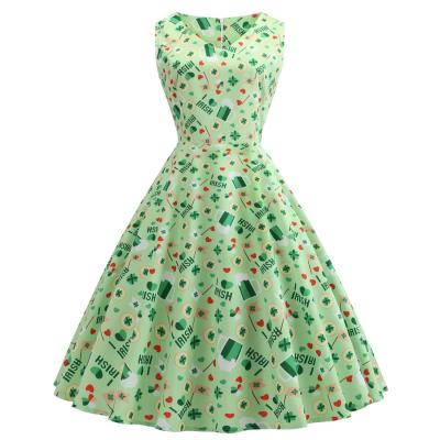 China St Patrick Dresses For Women V Neck Green Cartoon Pattern Breathable Sleeveless Dress For Adults for sale