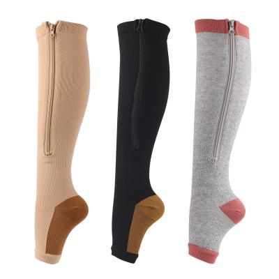 China 2021 Wholesale Antibacterial Sports Nurse Running Medical Zipper Copper Women Men Women Open Knee High Compression Booties Stockings for sale