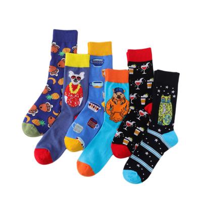 China 2022 New Antibacterial Wholesale Men's Novelty Funny Cartoon Tube Socks Animal Bear Coffee Cup Pattern Combed Cotton Happy Crew Socks for sale