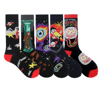 China 2021 Novelty Antibacterial Funny Space Dress Universe Starship Happy Cartoon Hip Hop Happy Casual Colorful Men Socken Tube Crew Cotton Sock for sale