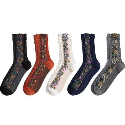 China Wholesale Disposable High Quality Ladies Cotton Harajuku Flower Winter Autumn Stylish Fancy Socks Korean Retro Tube Comfy Socks For Women for sale