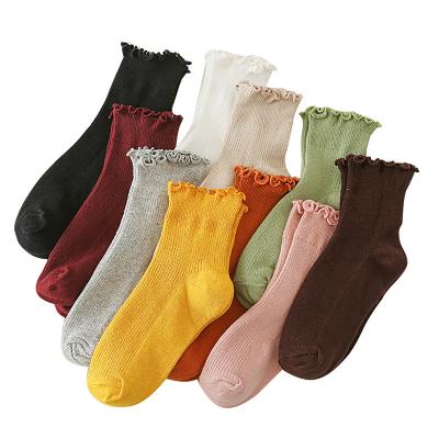 China Antibacterial Cute Sweet Princess Cotton Antibacterial Ruched Vintage Plain Socks Retro Ruffle Ankle Socks For Women Girls for sale