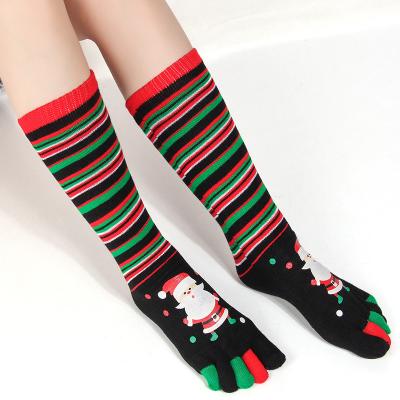 China Fashion Antibacterial Wholesale Women Colorful Print Striped Five Finger Toe Breathable Mid Calf Christmas Socks for sale