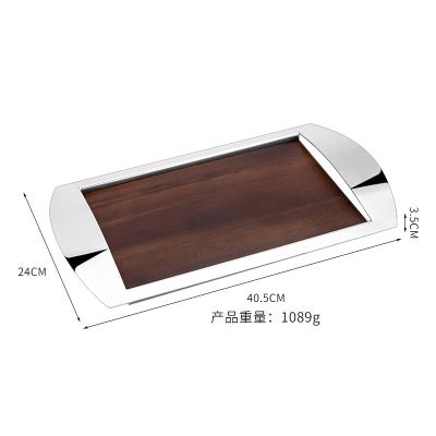 China Mordern Amazon Hot Selling Round Wooden Tray Stainless Steel Spliced Walnut Serving Tray for sale