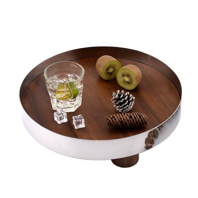 China Mordern Wholesale High Quality Round Wooden Tray Stainless Steel Spliced Walnut Serving Tray for sale