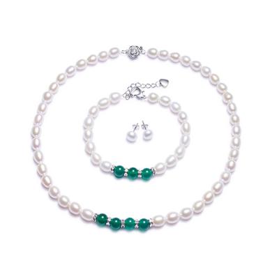 China CLASSIC Green Agate Natural Freshwater Pearl Earring, Necklace, and Bracelet Set for sale