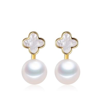 China Trendy Fashion Lucky-Four Leaf 925 Lucky-Four Leaf Clover Silver Gold Plated Freshwater Pearl Stud Earring For Girl for sale