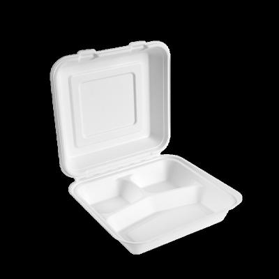 China Sugarcane Bagasse Clamshell Food Containers Biodegradable Eco-Friendly Disposable Quick Food Packaging Take Out Container Three Compartment for sale