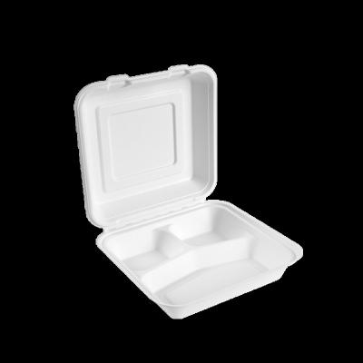 China Eco-Friendly Disposable Sugarcane Bagasse Clamshell Food Containers Disposable Fast Food Packaging Take Out Container Three Compartment for sale