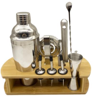 China Sustainable High Quality Barware Set Stainless Steel Cocktail Shaker Set With Bamboo Wood Holder for sale