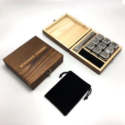 China Amazon Sustainable Whiskey 9pcs Stones Stainless Steel Cooling Wooden Ice Cube Set for sale