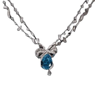 China CLASSIC Unique style 925 silver Bow Necklace 18k gold Water Drop Aquamarine (Santa Maria) 10.3 ct Pendant Fine Jewelry for sale