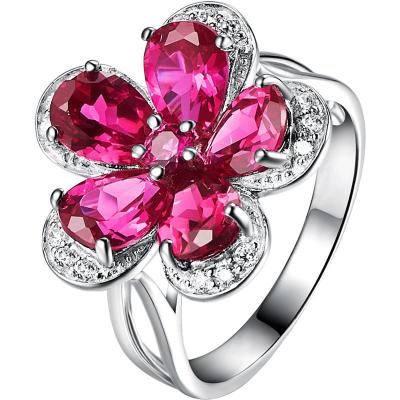 China CLASSIC Fashion luxury Women Flower Ring White Gold Plated 925 Sterling Silver Wedding Jewelry Ruby Engagement Ring for sale